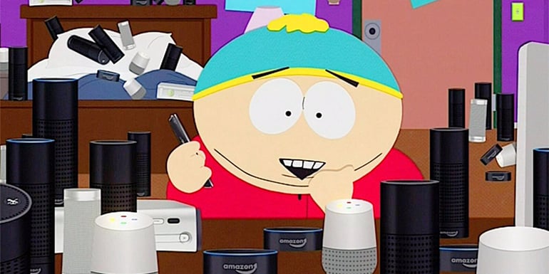 South Park's Cartman in front of many Alexa and Google Home devices