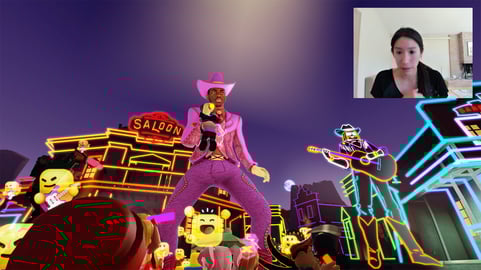 Carina Ngai, inset, with Lil Nas X in a pink suit on the Roblox virtual video game platform.