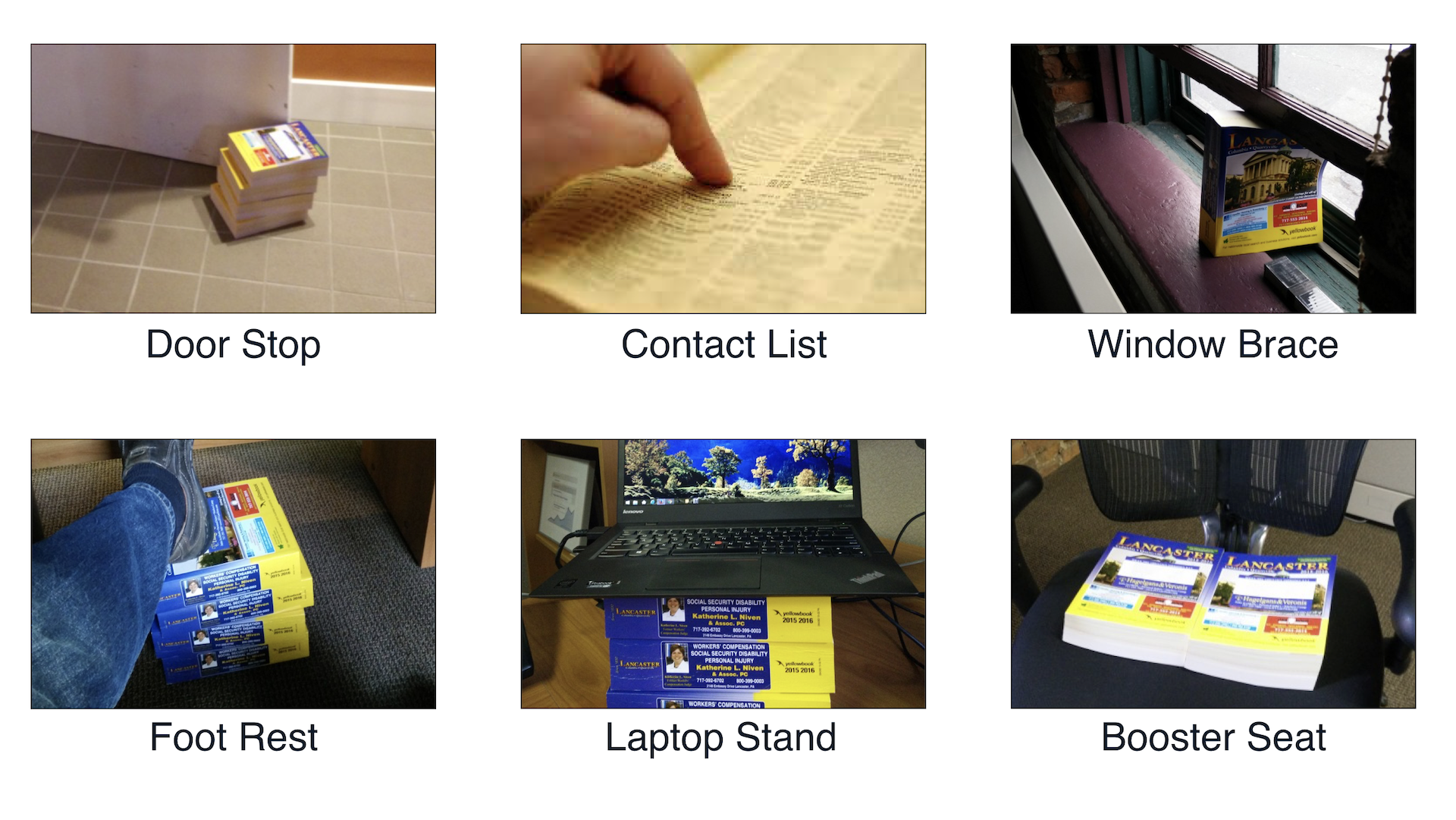 Six images displaying different uses for a phone book. Door stop, contact list, window brace, foot rest, laptop stand, and booster seat.