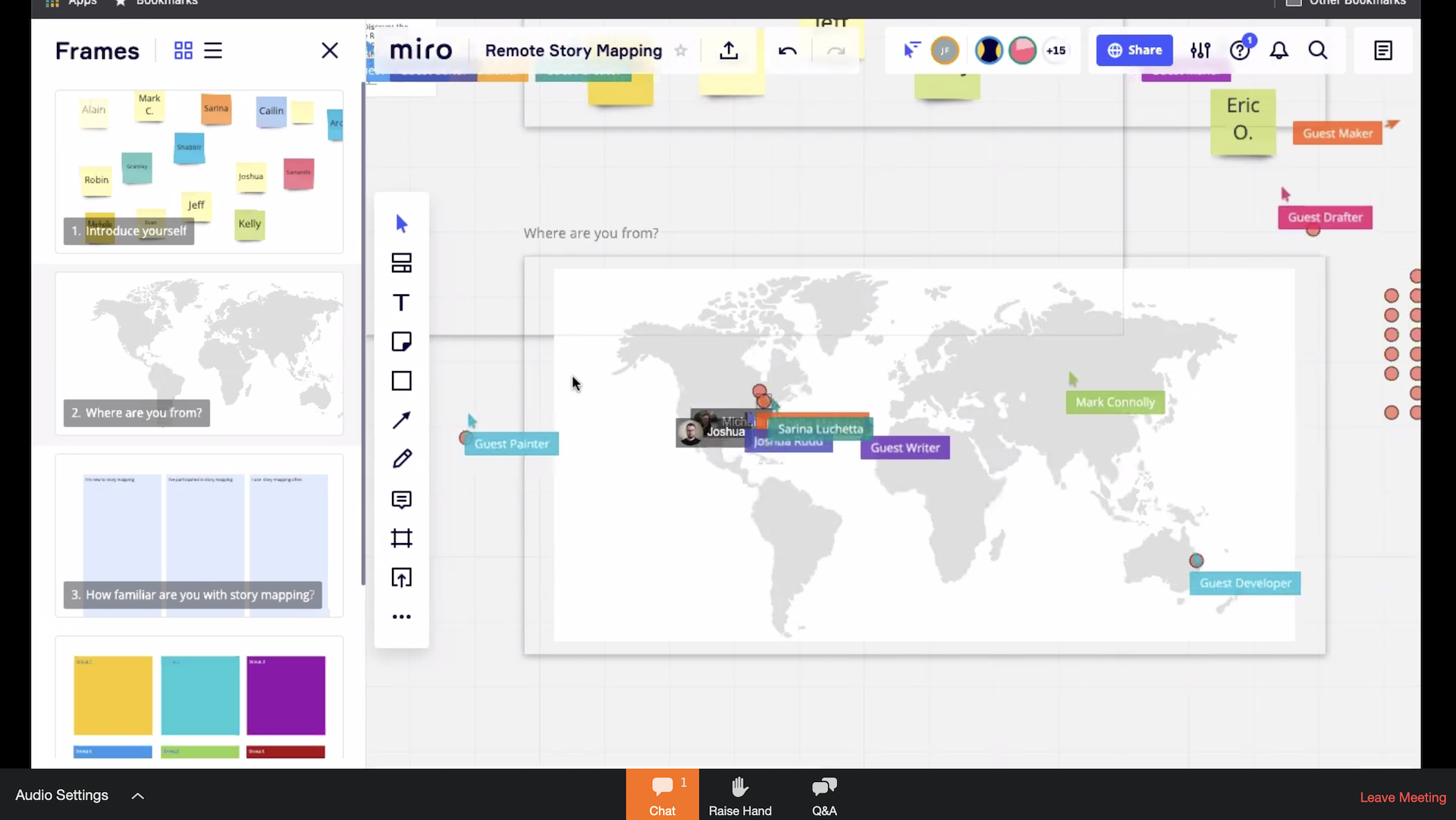 A digital whiteboard of a map of the world with dots.