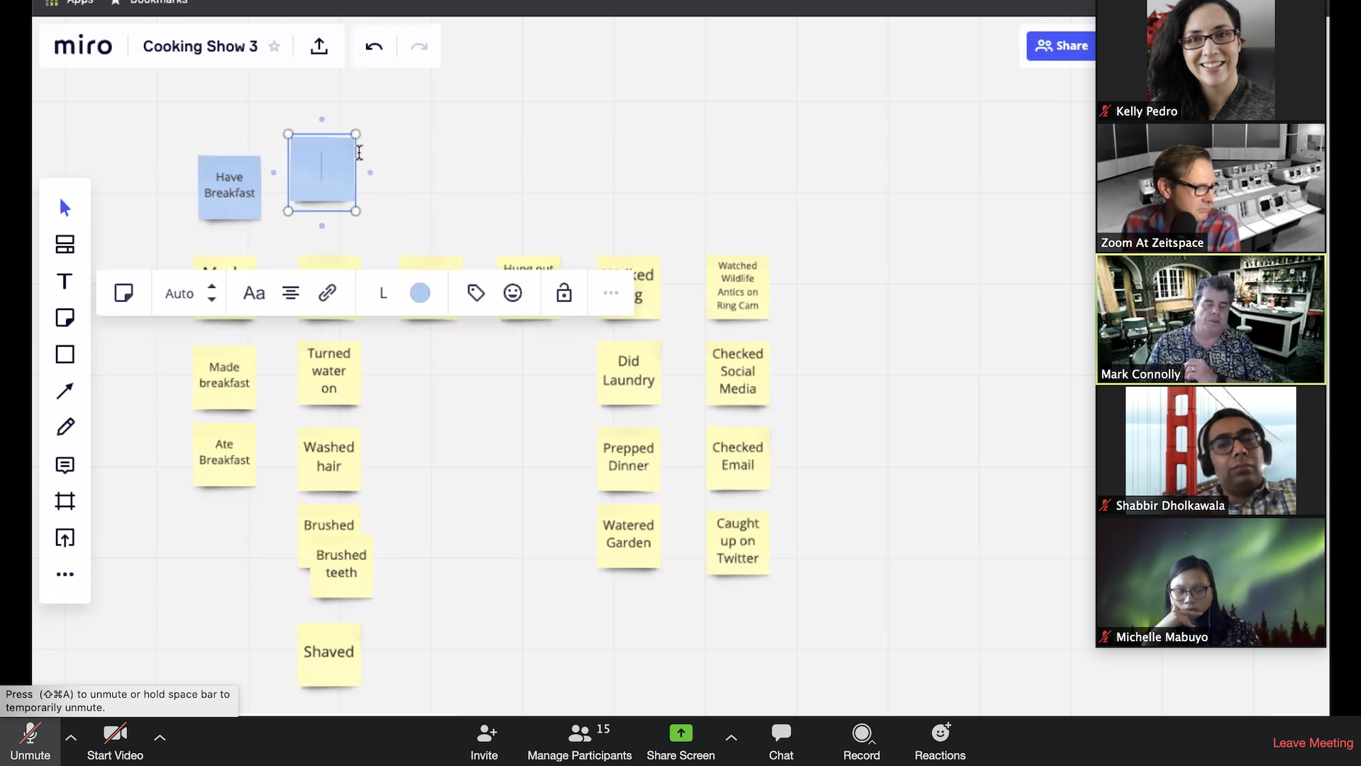 Sticky notes are arranged in columns on a digital whiteboard during a Zeitspace Session on remote user story mapping.