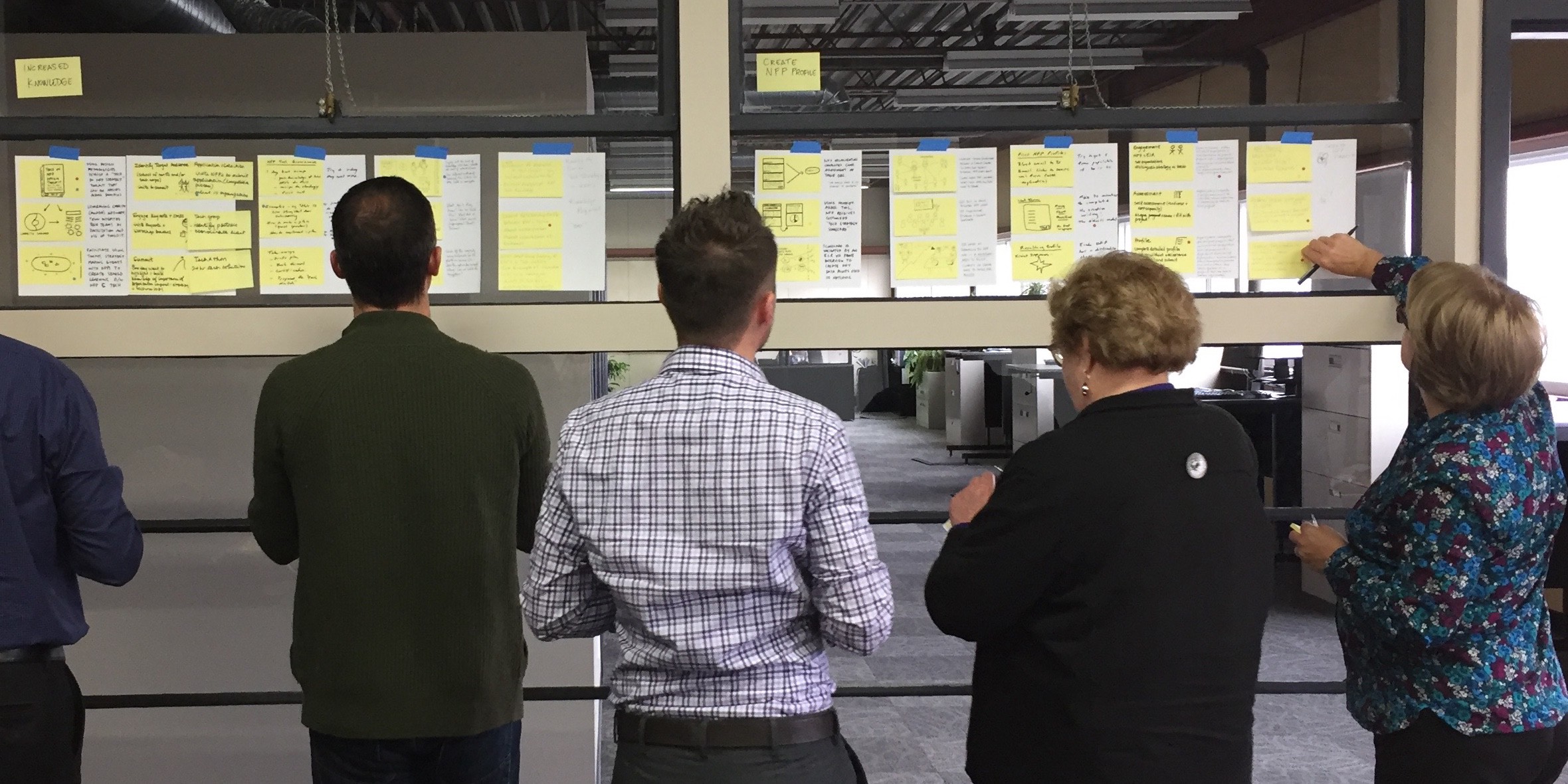 A women & two men reviewing the output of a design sprint exercise.