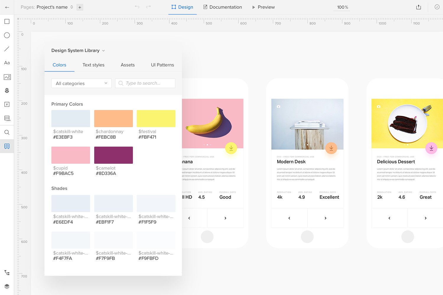 A design system with colour choices displayed