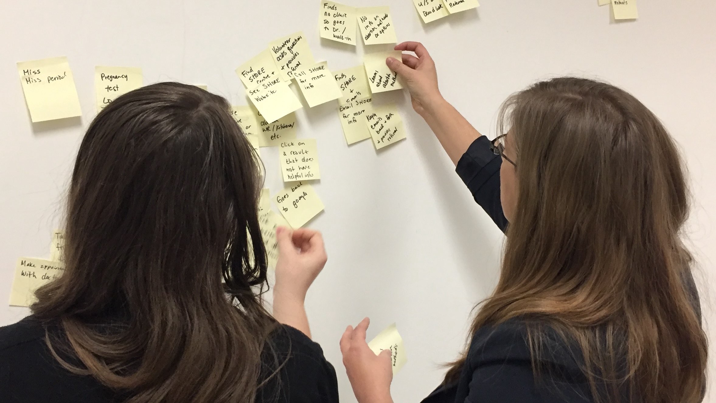 SHORE Centre staff moving post-it notes as part of a user story mapping exercise 