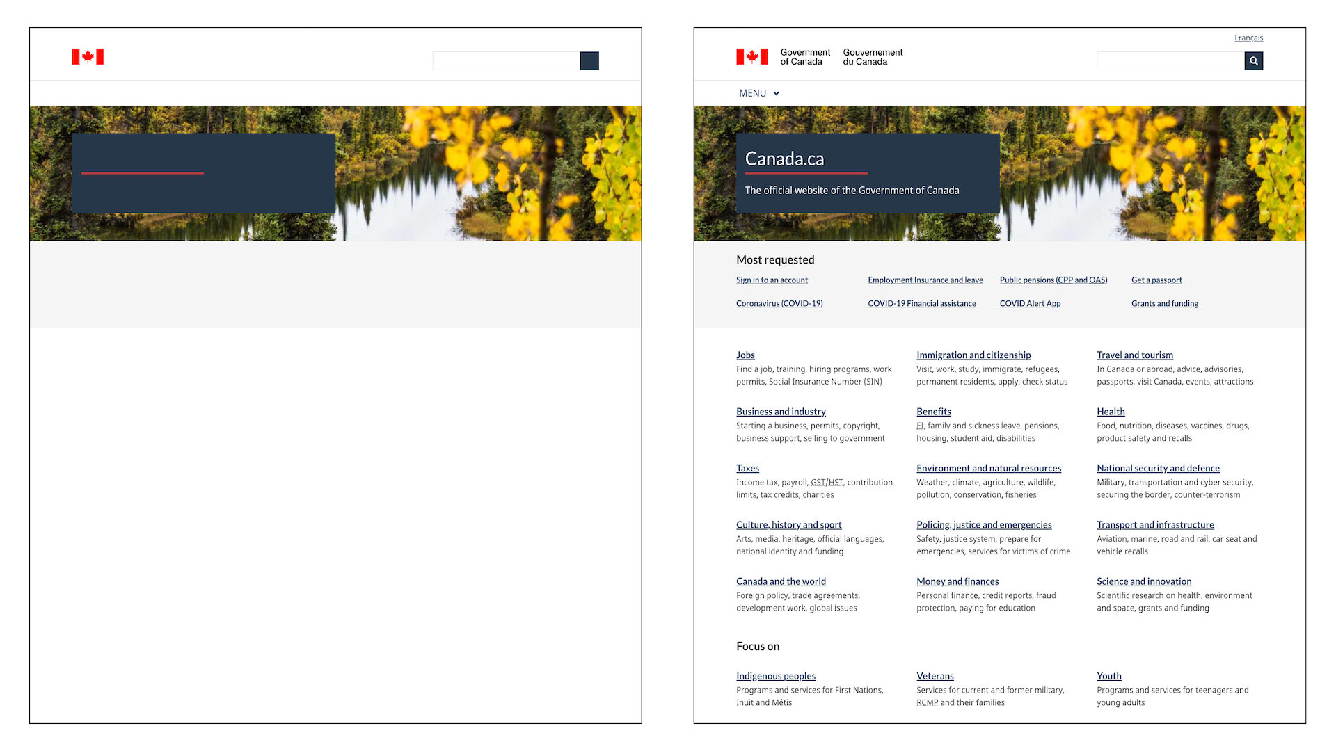 Side by side views of the Government of Canada website, one without text and one with text.