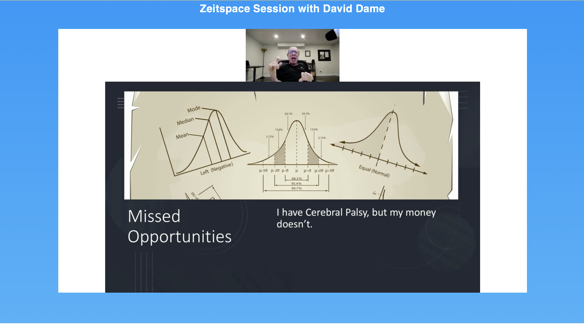 David Dame appears by video for a Zeitspace Session on product innovation. Below him is a slide that has three graphs with confidence intervals. Text: Missed opportunities. I have cerebral palsy but my money doesn’t.