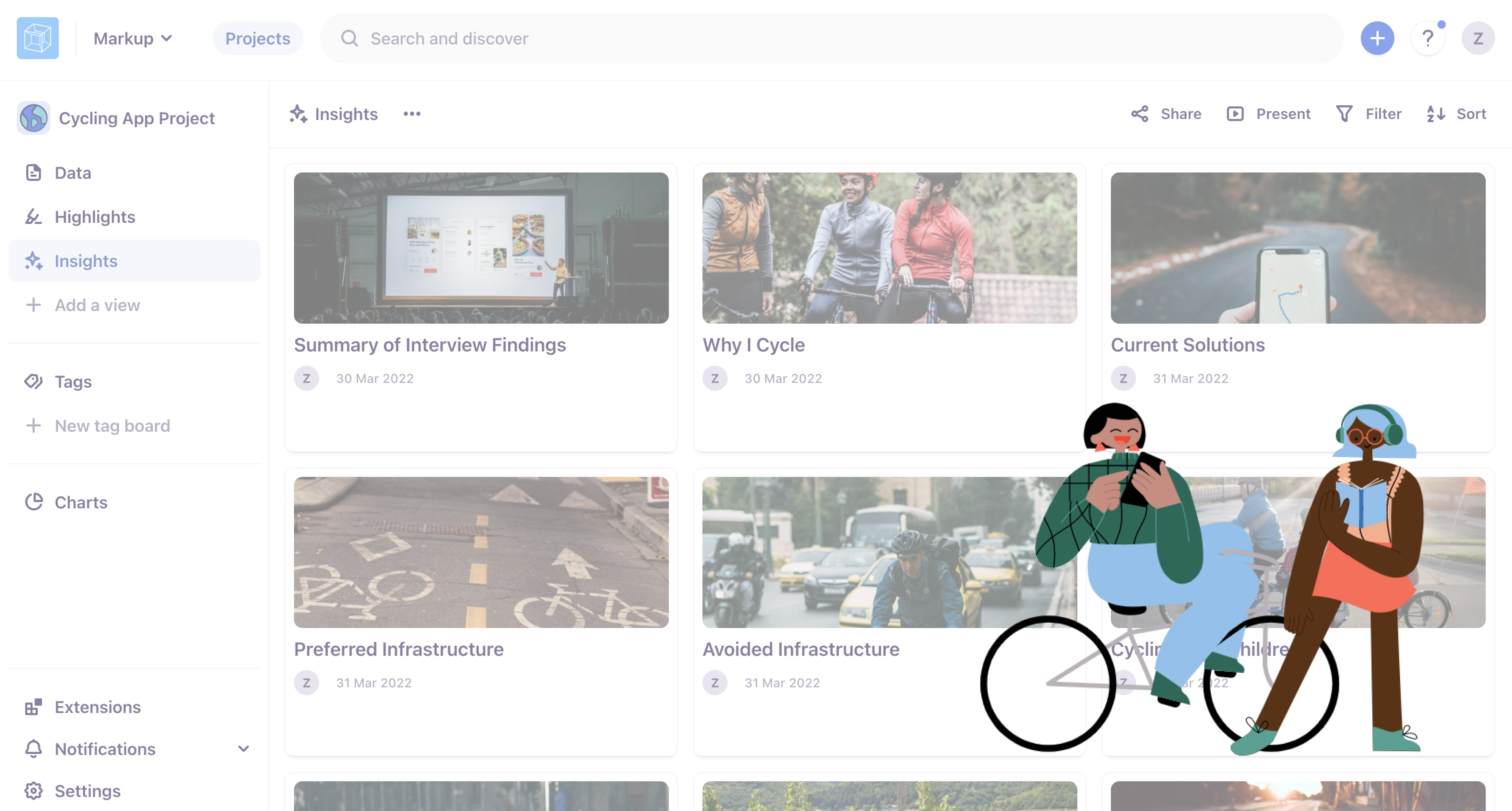 Screenshot of the Insights page of our Cycling Guide project in Dovetail with two illustrated characters in the foreground, one on a bike looking at her phone and one reading a book