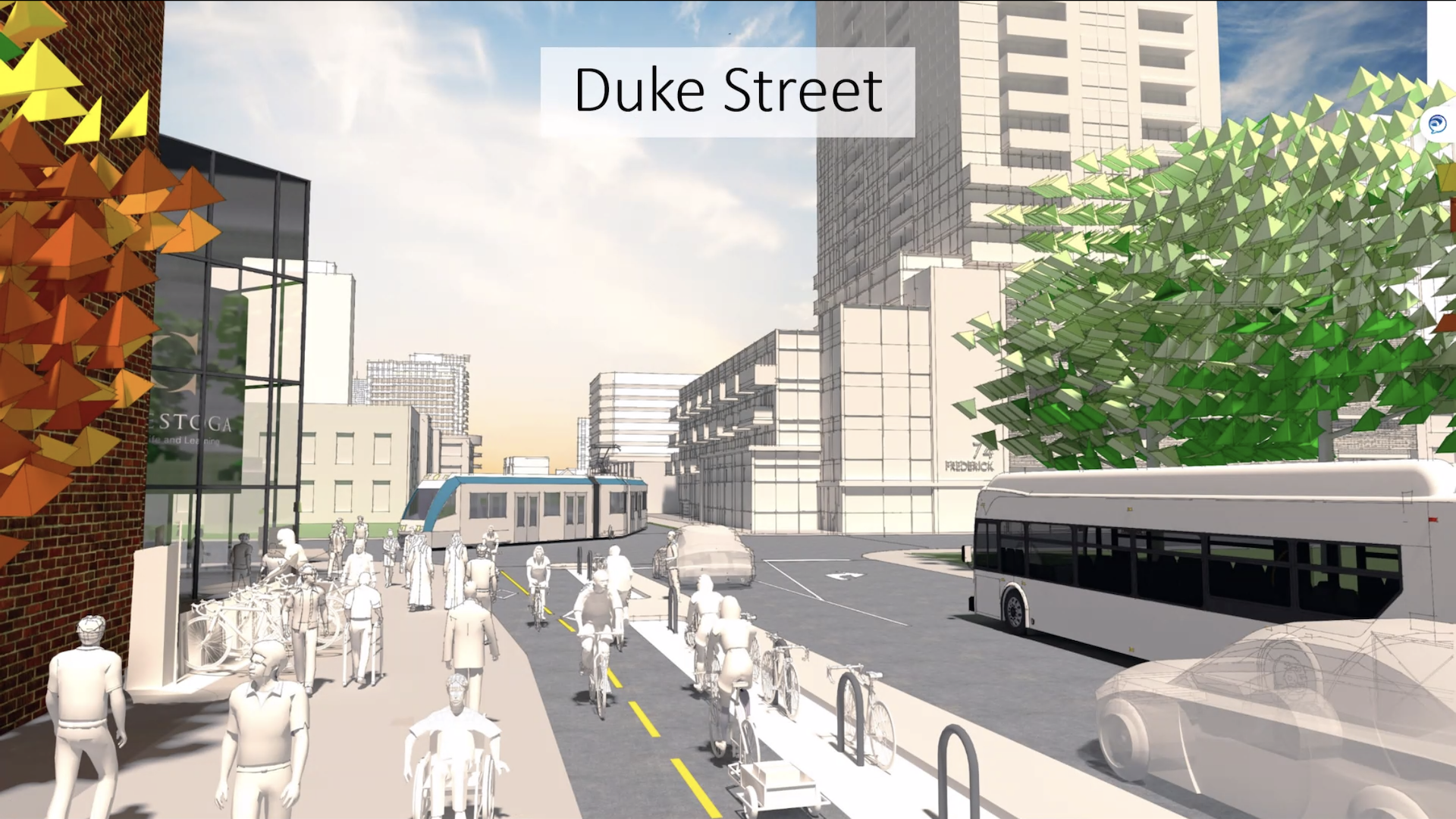 A drawing of what Duke Street in Kitchener could look like with separate cycle lanes, floating bike racks, public transit, pedestrians, and a car.