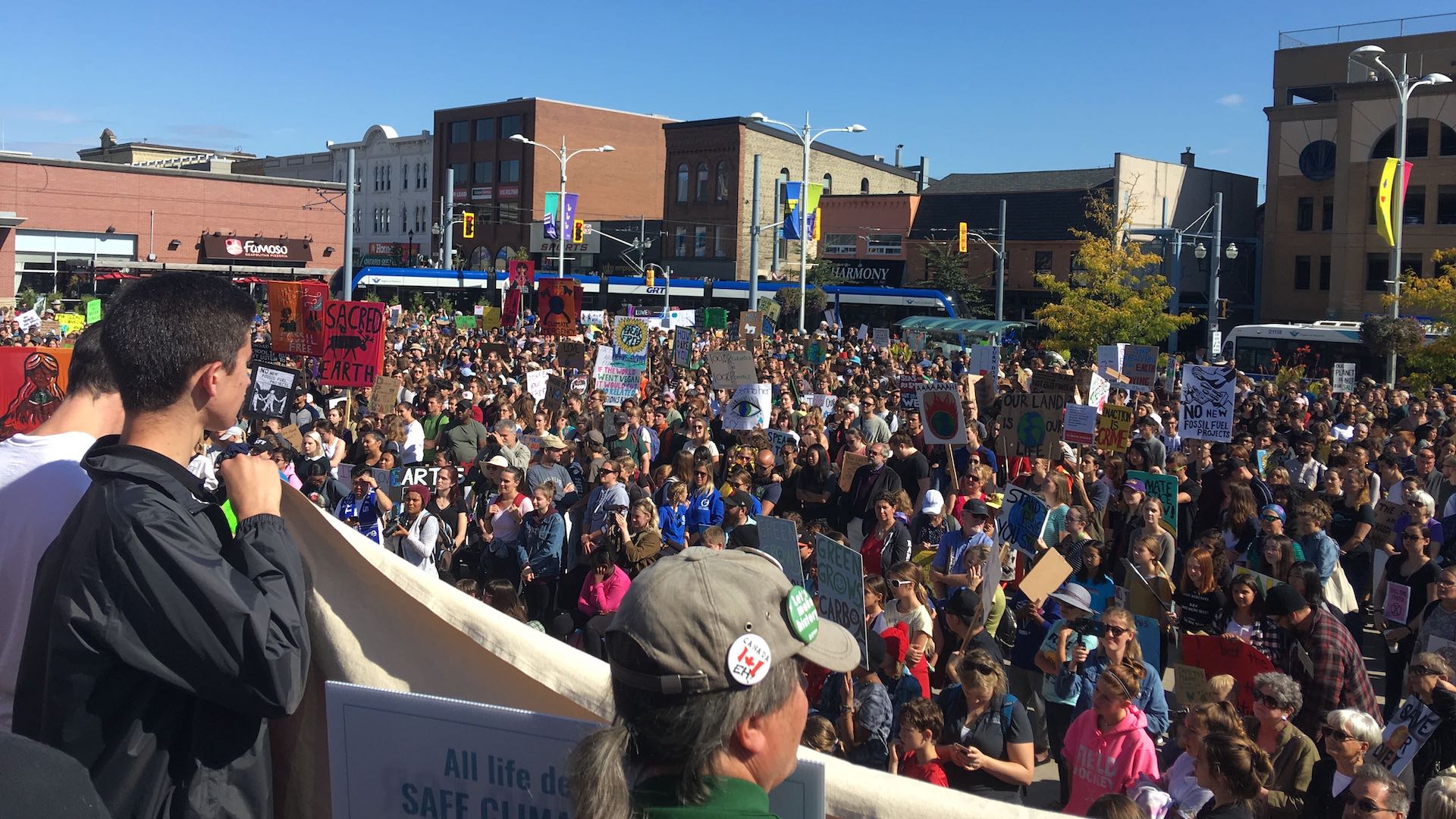 The crowd at the Uptown Waterloo Climate Action Strike.