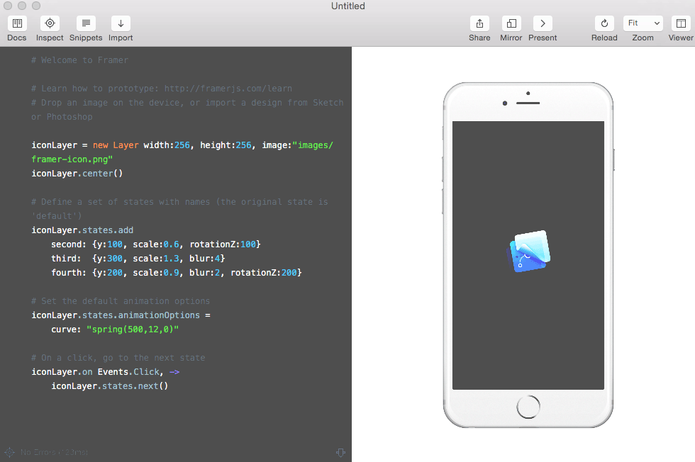 Framer user interface with code on the left and mock application on the right