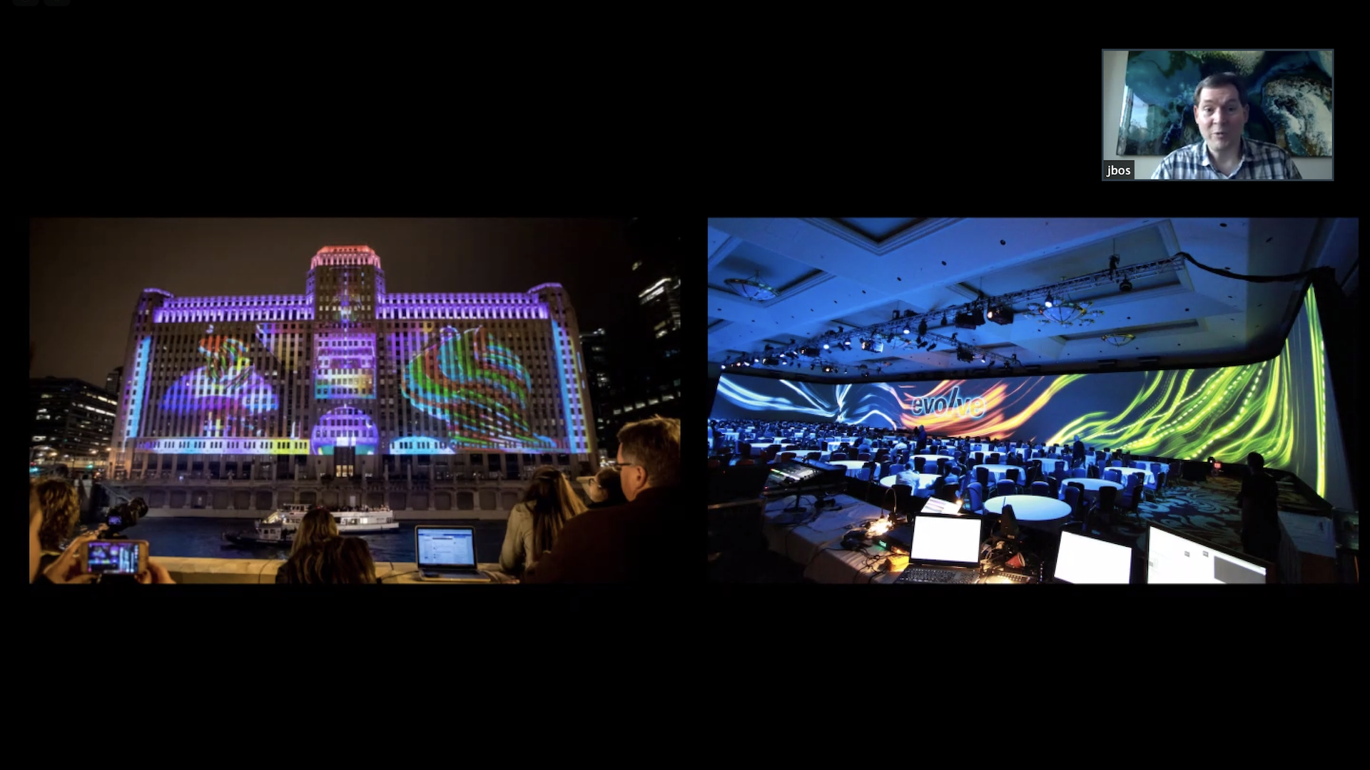 A colourful design broadcast from a projector onto the outside wall of a building (left) and a large screen in a convention hall (right).