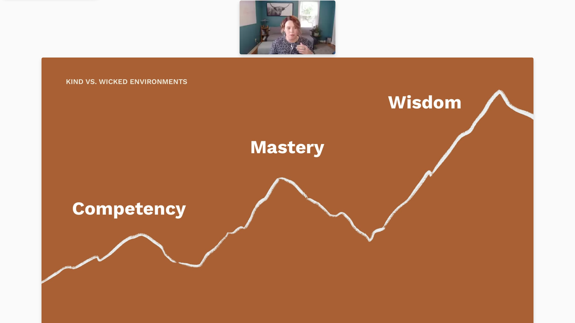 Karen VanHouten appears on video over a slide with the outline of a mountain. Text: Competency, Mastery, Wisdom.