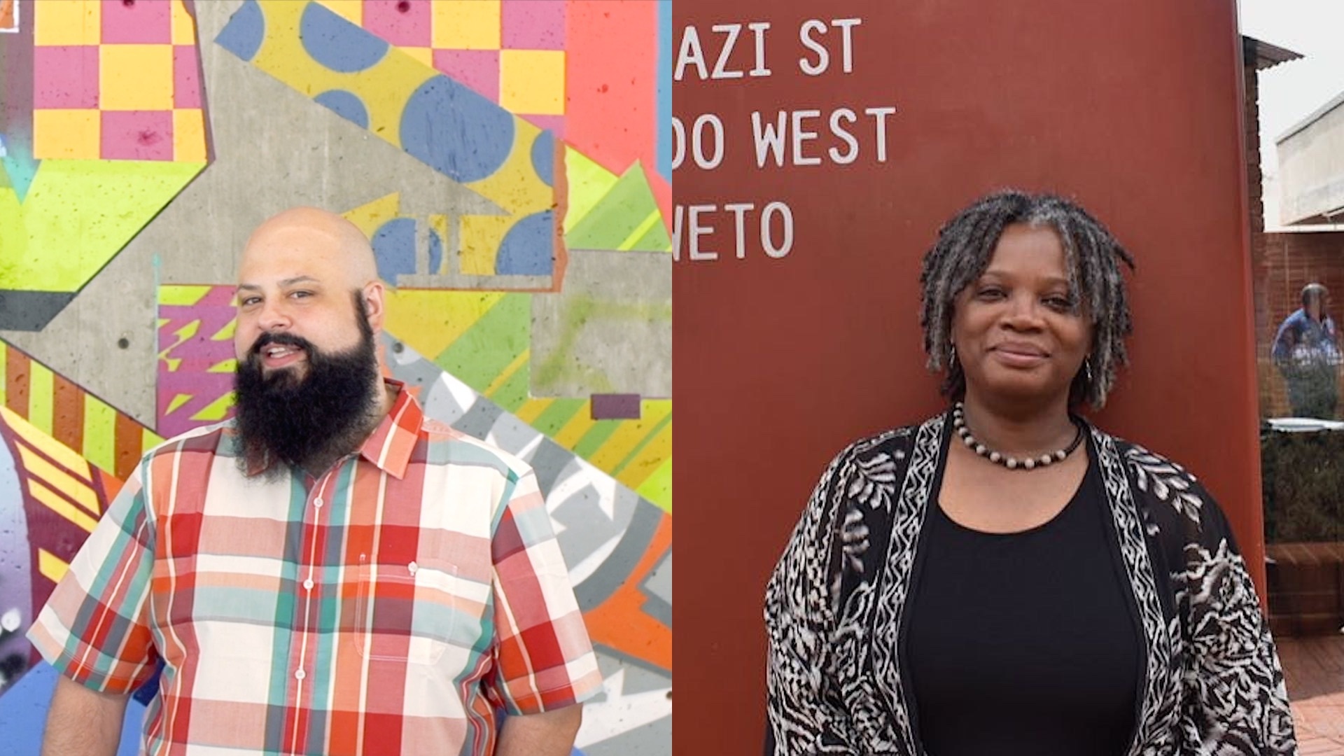 Andy Vitale, left, standing against a colourful background and Lisa Welchman, right, standing against a copper-coloured wall.