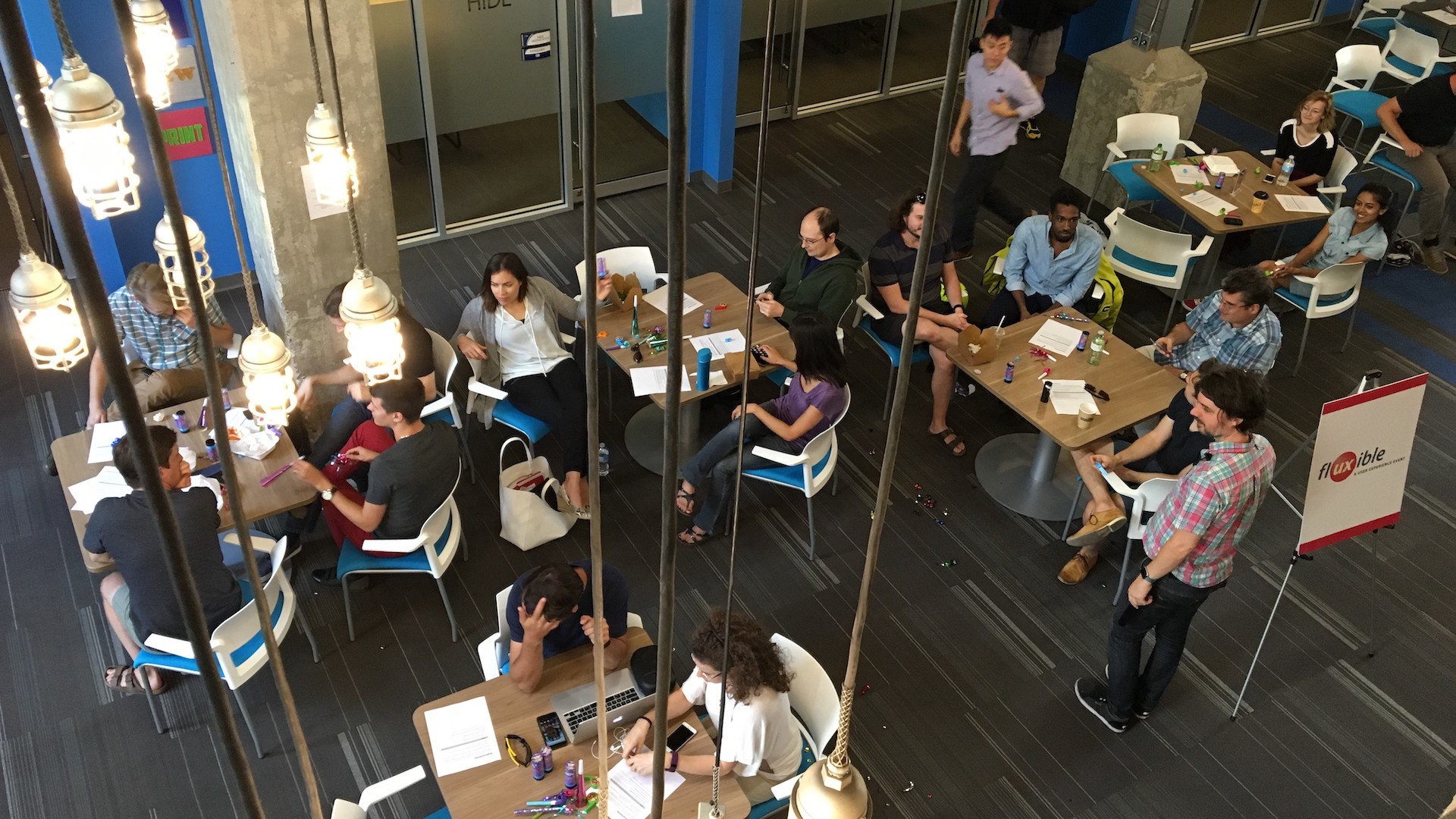 An overhead view of a Fluxible Meetup held in Communitech's Area 151