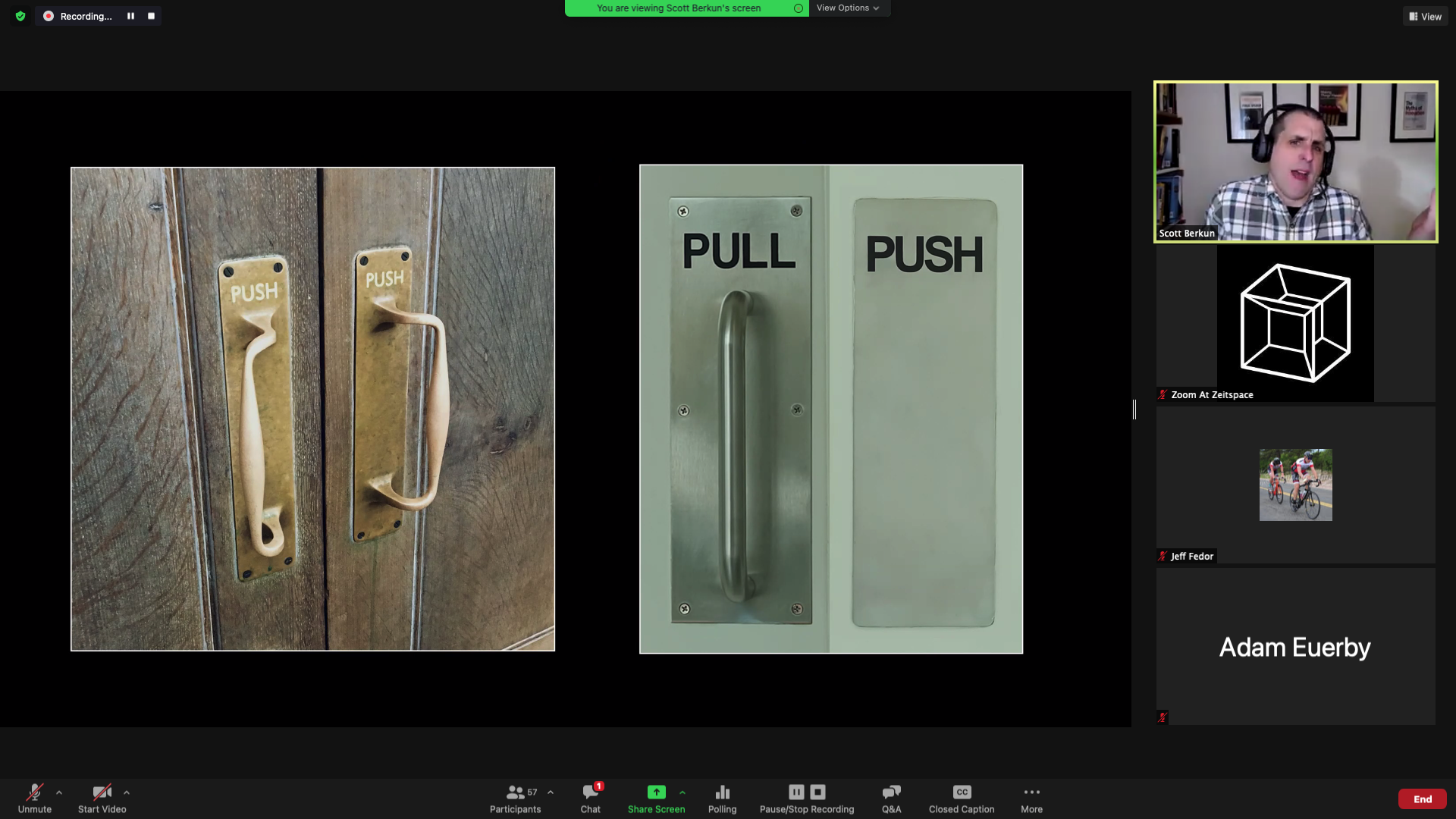 A Norman door (left) with handles on the push side. A properly designed door (right) with only a handle on the pull side and a flat surface to push.