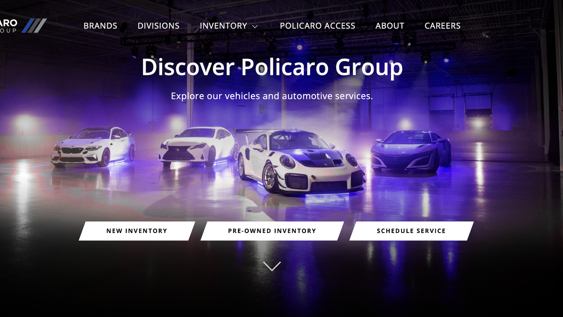 Four luxury sports cars on a stage with purple lighting. Text: Discover Policaro Group with arrows to new and pre-owned inventory.
