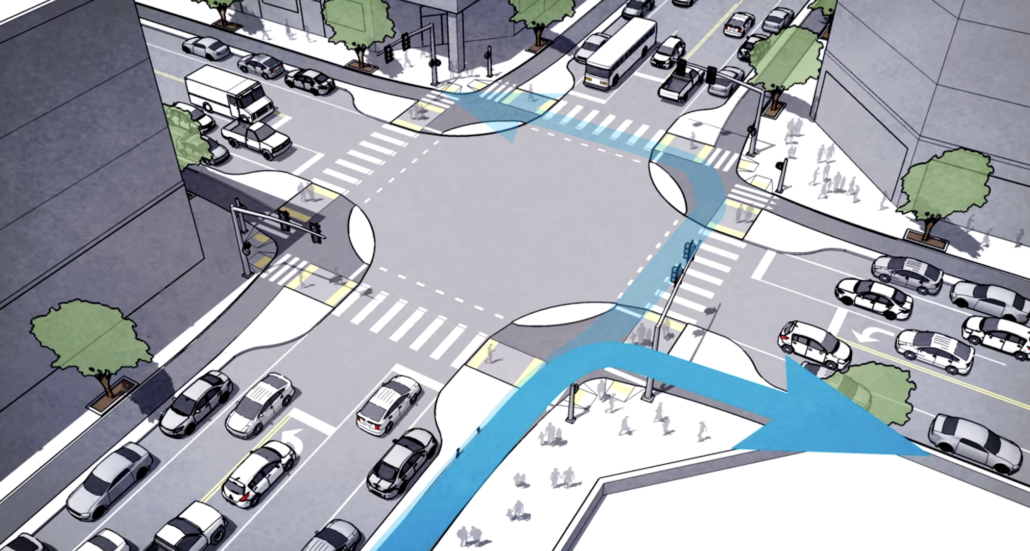 A proposed design for a safer, more equitable intersection for transit, pedestrians, cyclists, and cars.