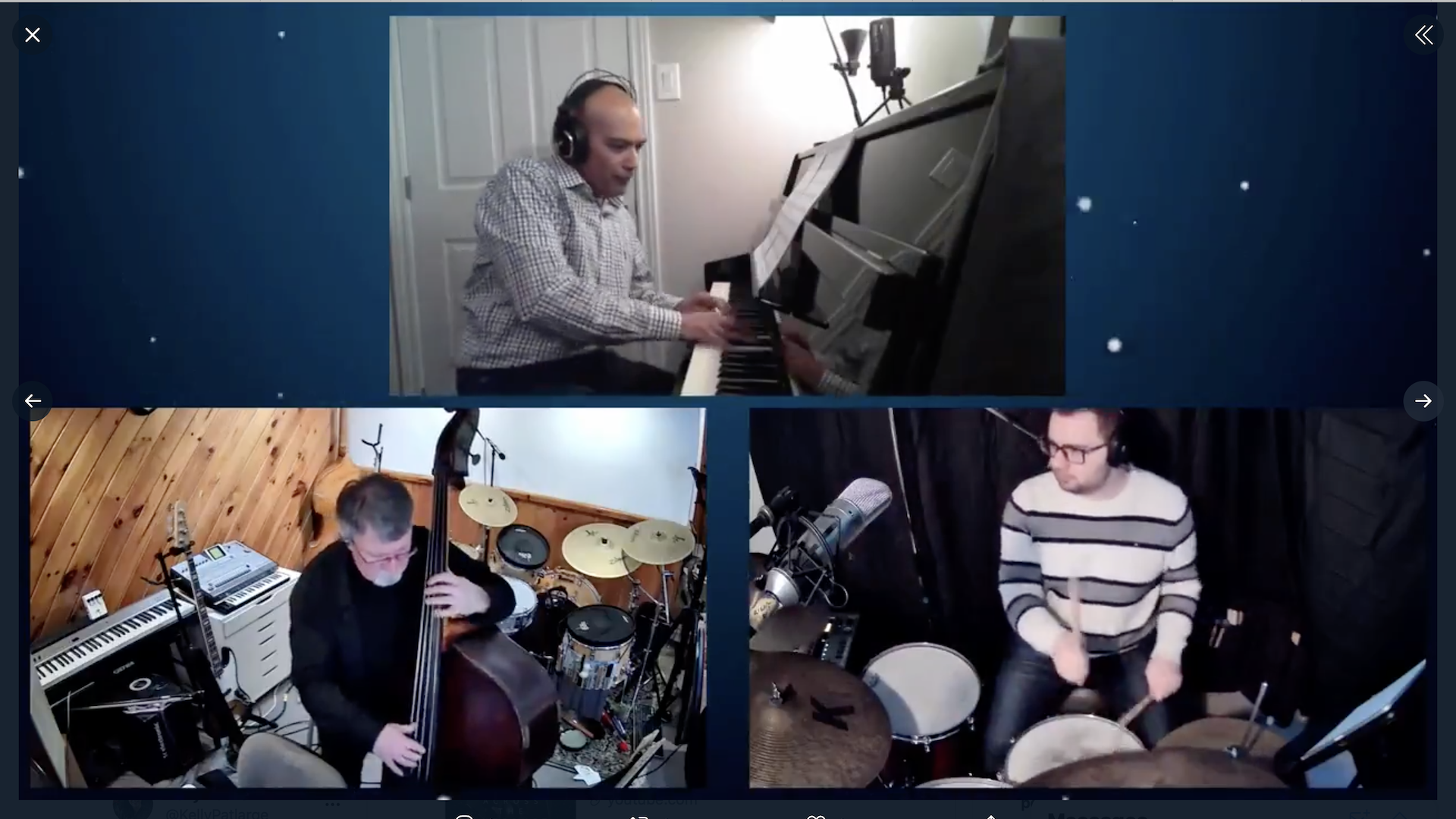 Three musicians performing together in three different rooms on the Syncspace.live platform.