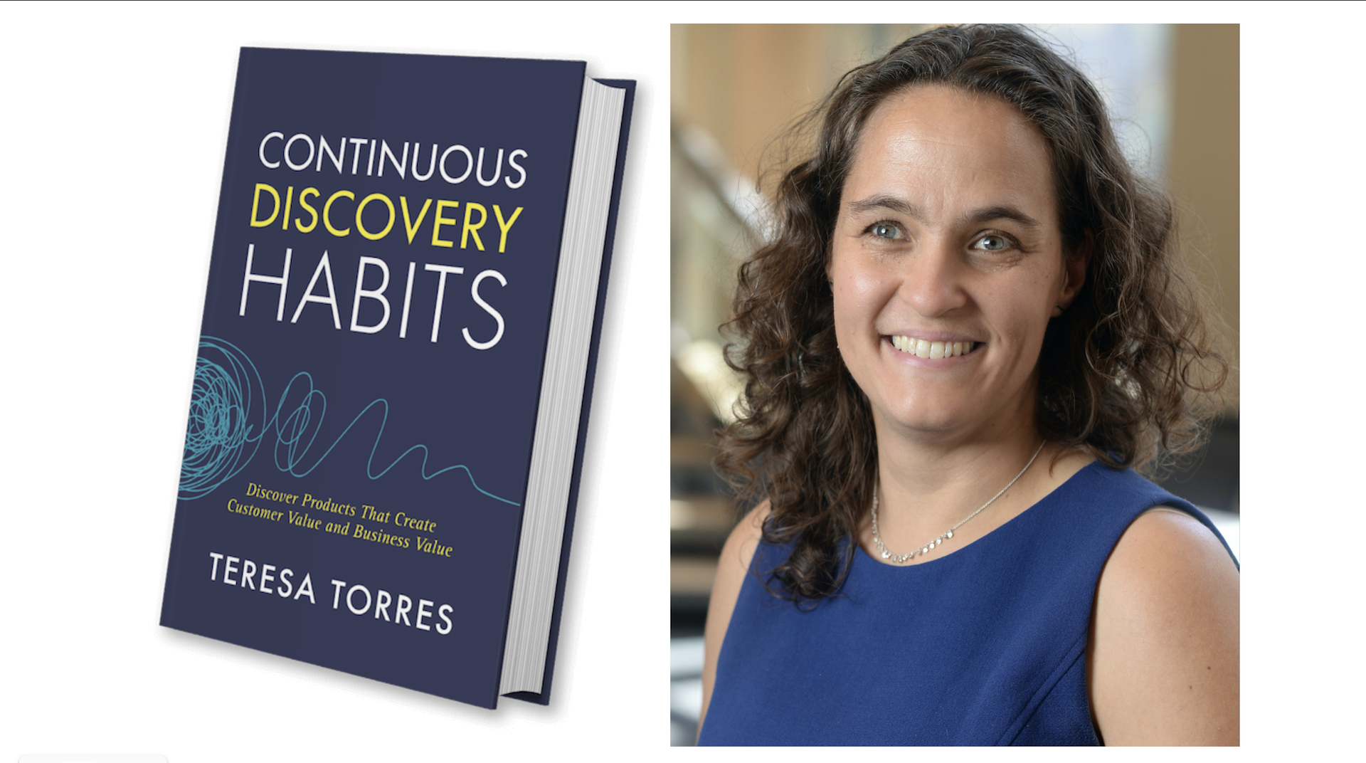 Teresa Torres alongside her book cover, Continuous Discovery Habits.