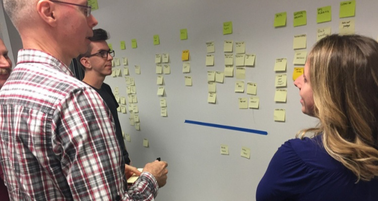 Three people stand around sticky notes on a whiteboard during a user story mapping session at Zeitspace.