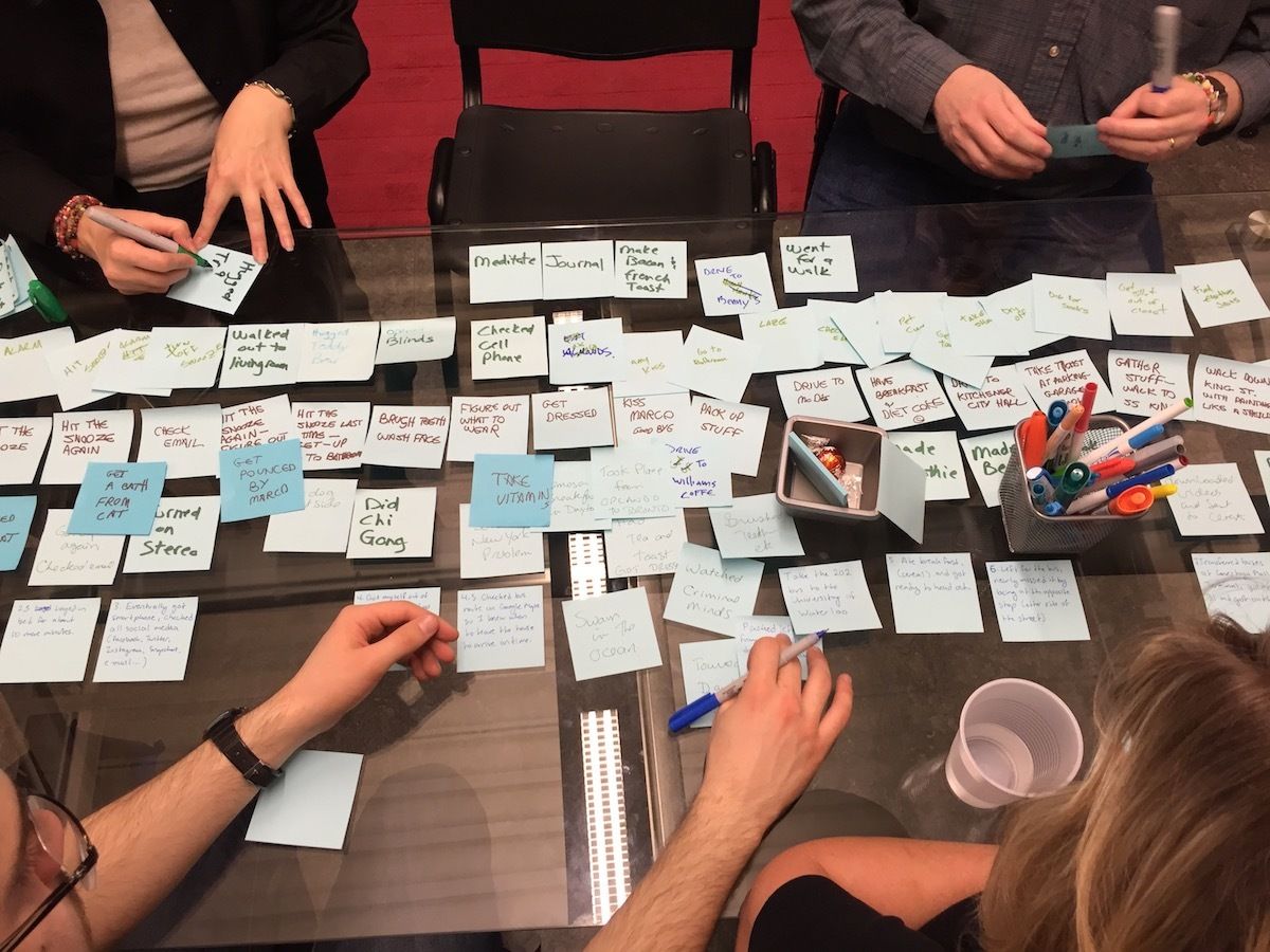 Four people lay index cards out on a table to map user stories