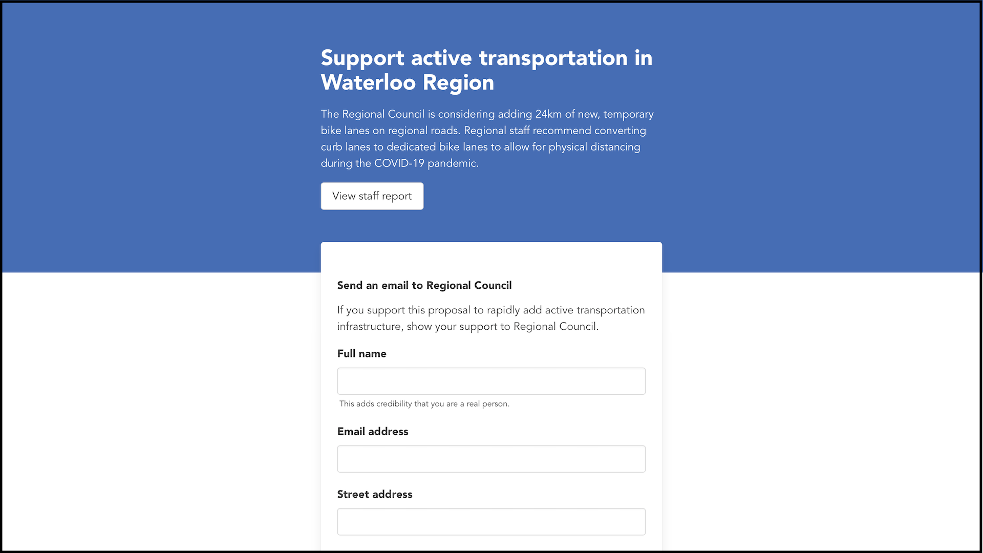 An app with a blue and white screen where Waterloo Region residents can show their support for active transportation.