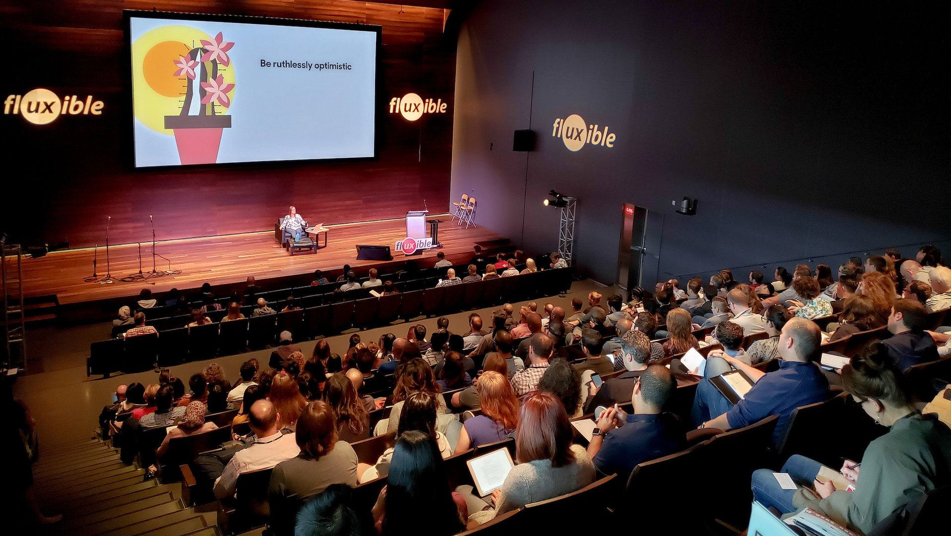 An overhead shot of the Fluxible 2019 audience in the CIGI Auditorium 