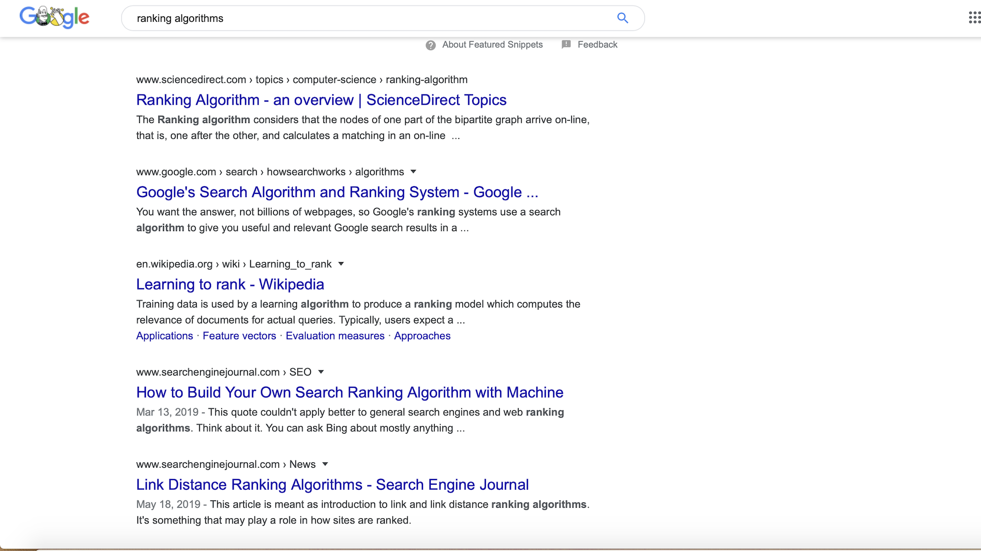 Google search results on a ranking algorithm