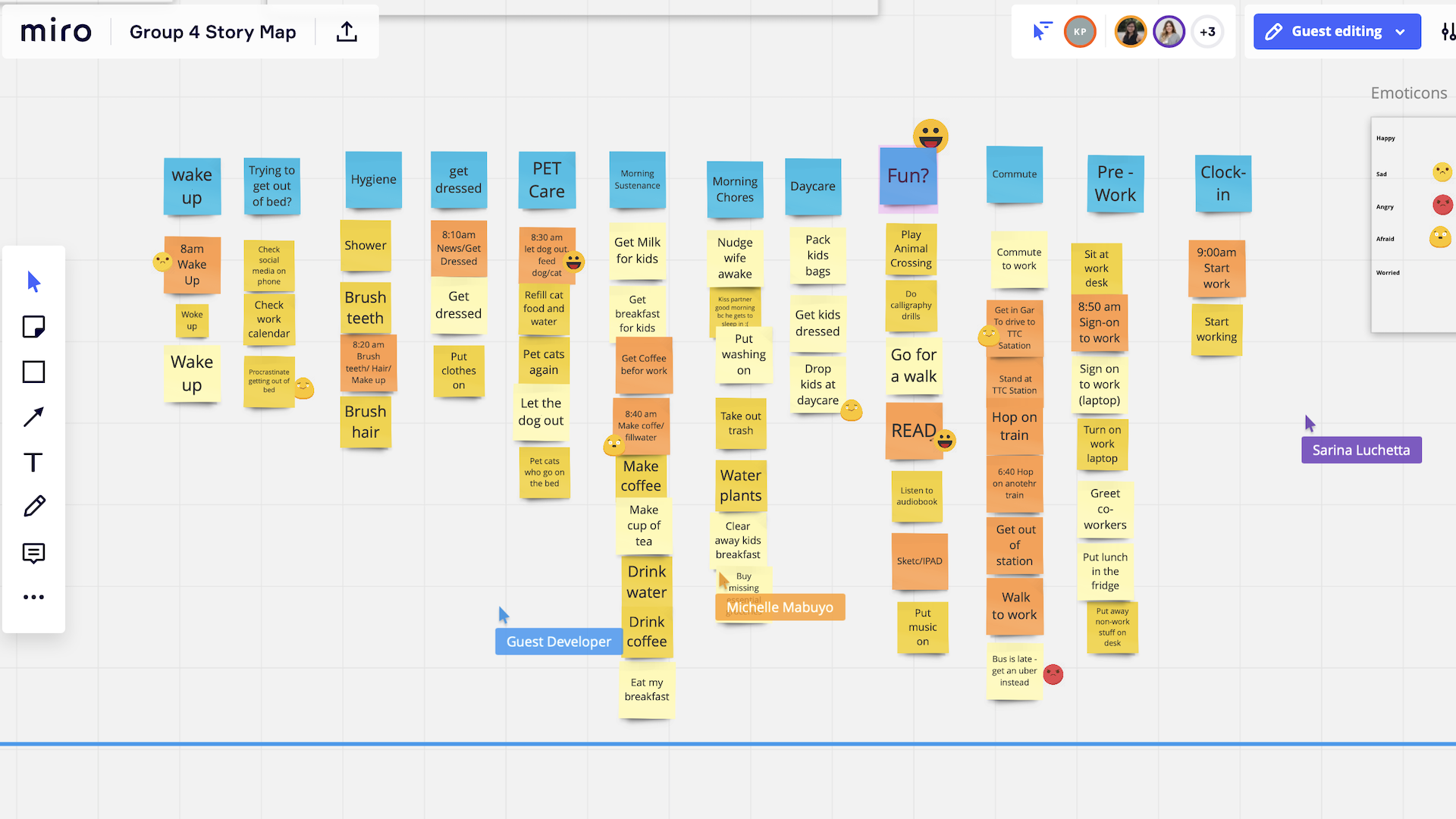 Colourful sticky notes organized in columns on a digital whiteboard.